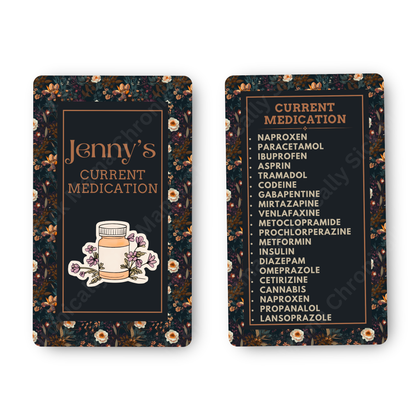 Autumnal Fall Orange And Black Floral | Medical And Medication Cards | List Your Medical Conditions And Medication And Never Forget Them