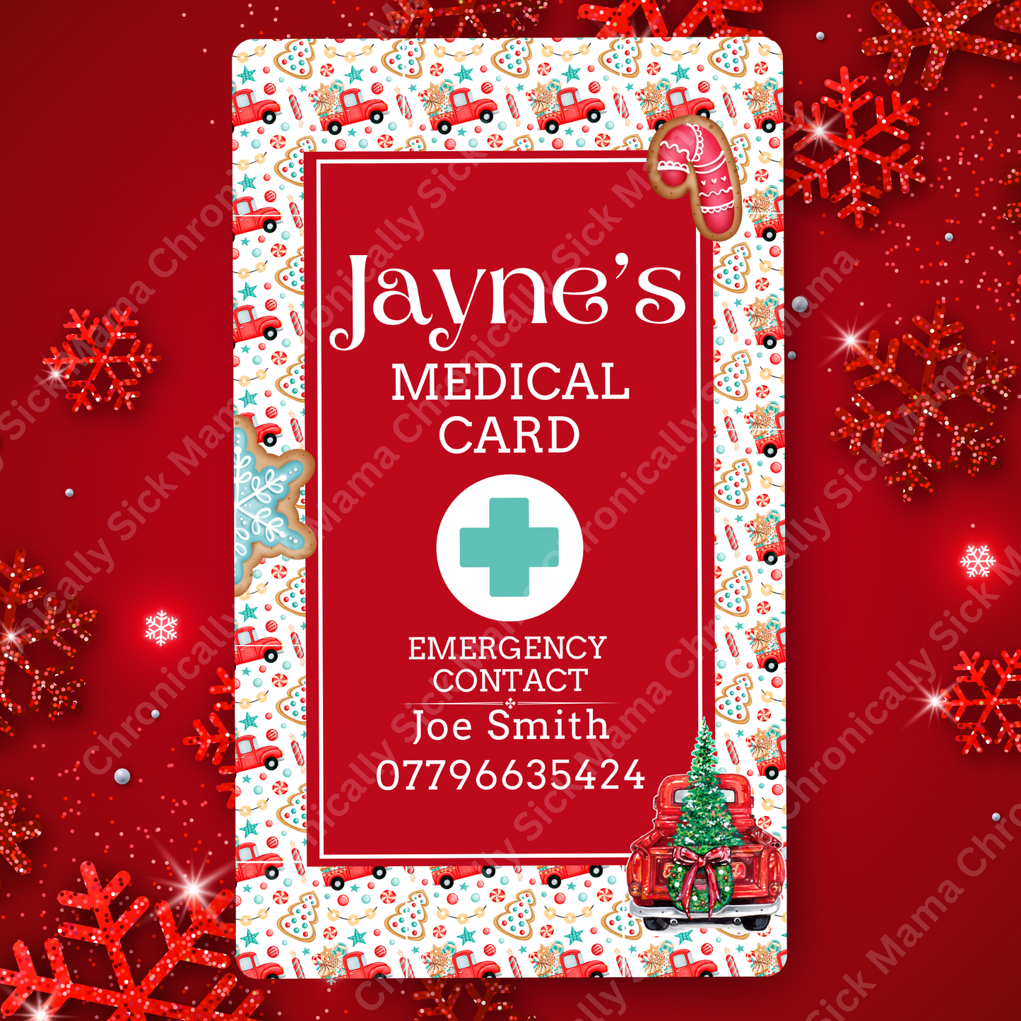 CUSTOMIZED Waterproof Medical Conditions Card SINGLE - Lil Red Truck Haulin' a Christmas Tree