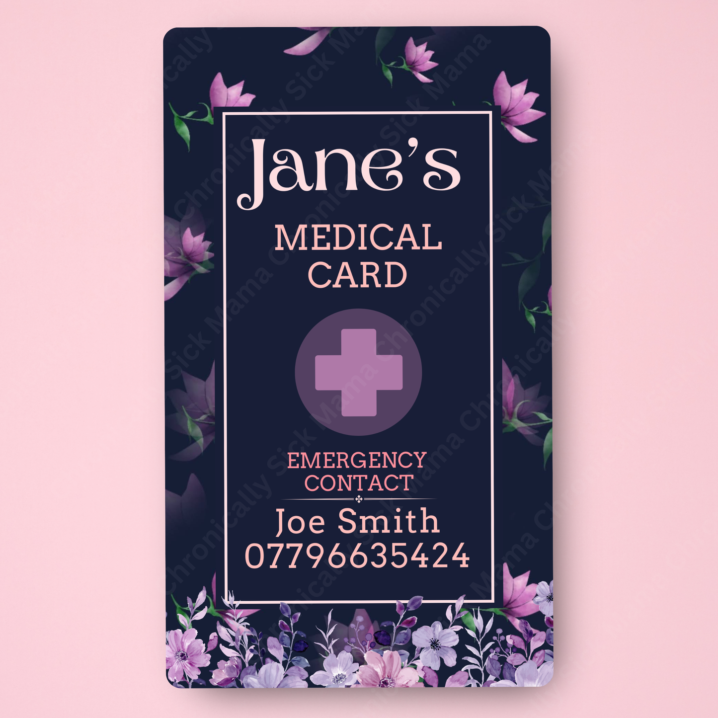 CUSTOMIZED Waterproof Medical Conditions Card SINGLE - Purple Floral