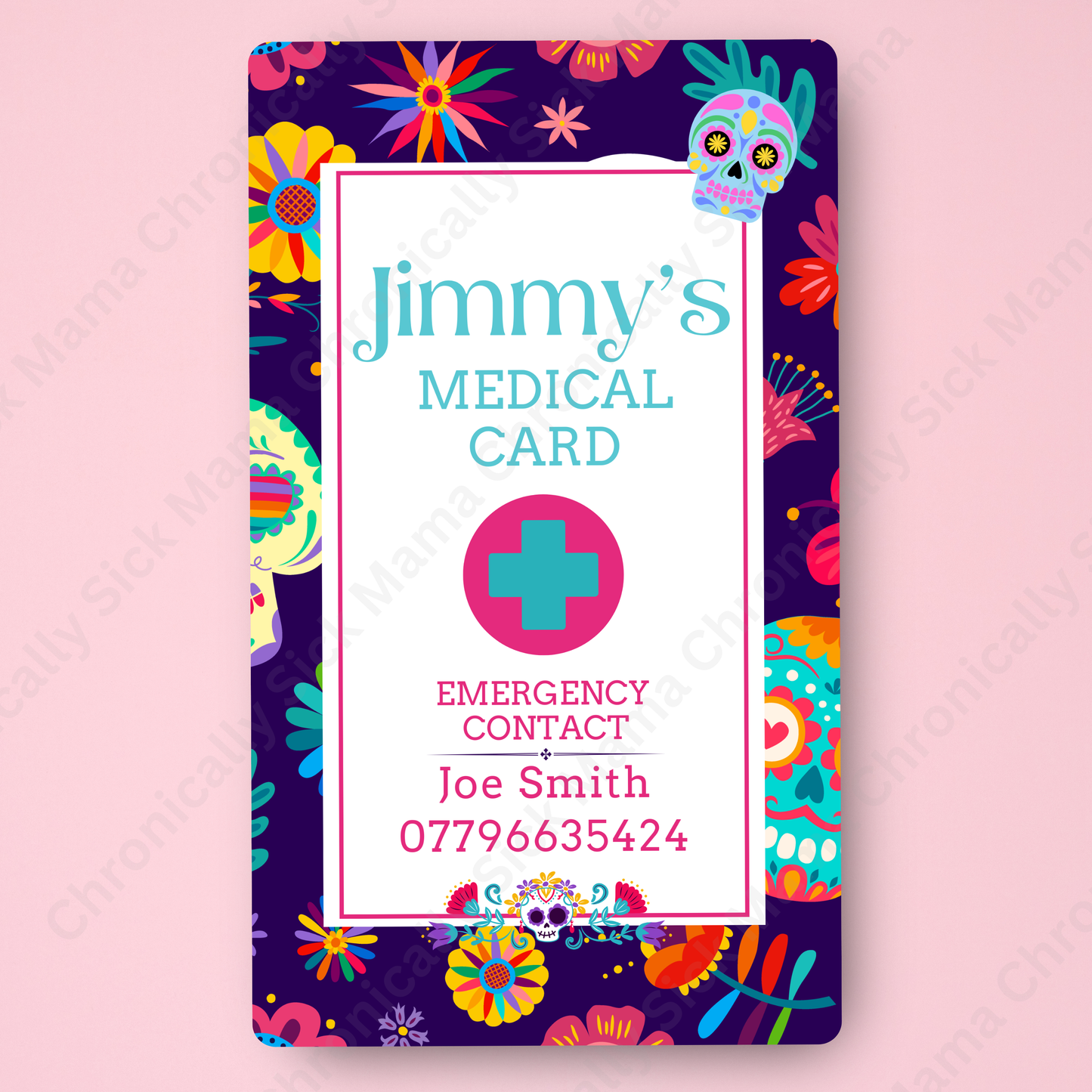 CUSTOMIZED Waterproof Medical Conditions Card SINGLE - Day Of The Dead Candy Skull