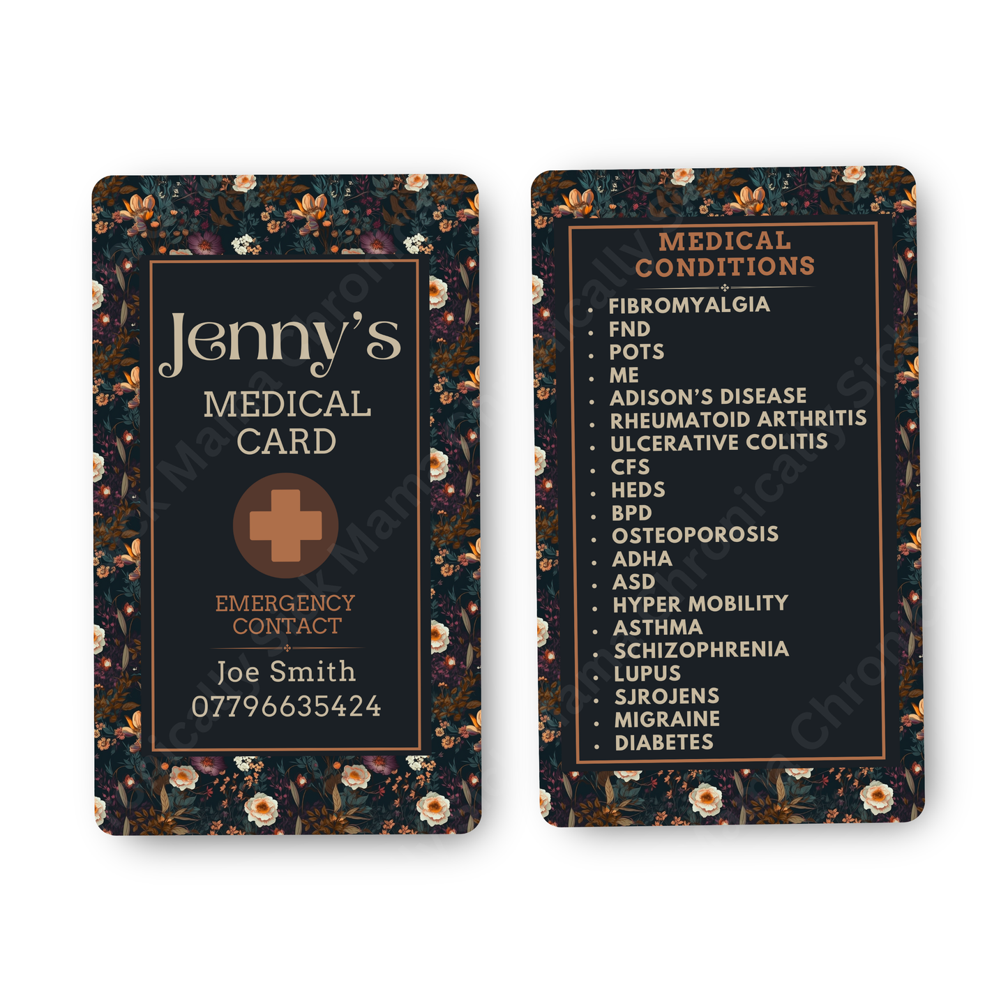 Autumnal Fall Orange And Black Floral | Medical And Medication Cards | List Your Medical Conditions And Medication And Never Forget Them