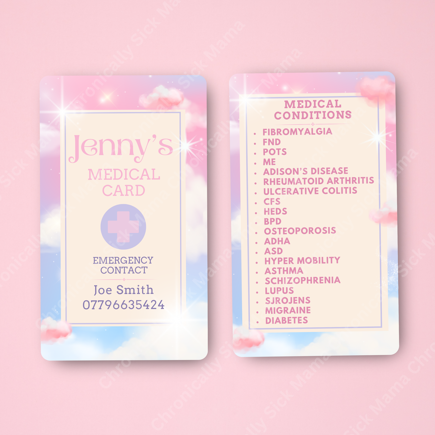 CUSTOMIZED Waterproof Medical Conditions Card SINGLE - Pink Skies