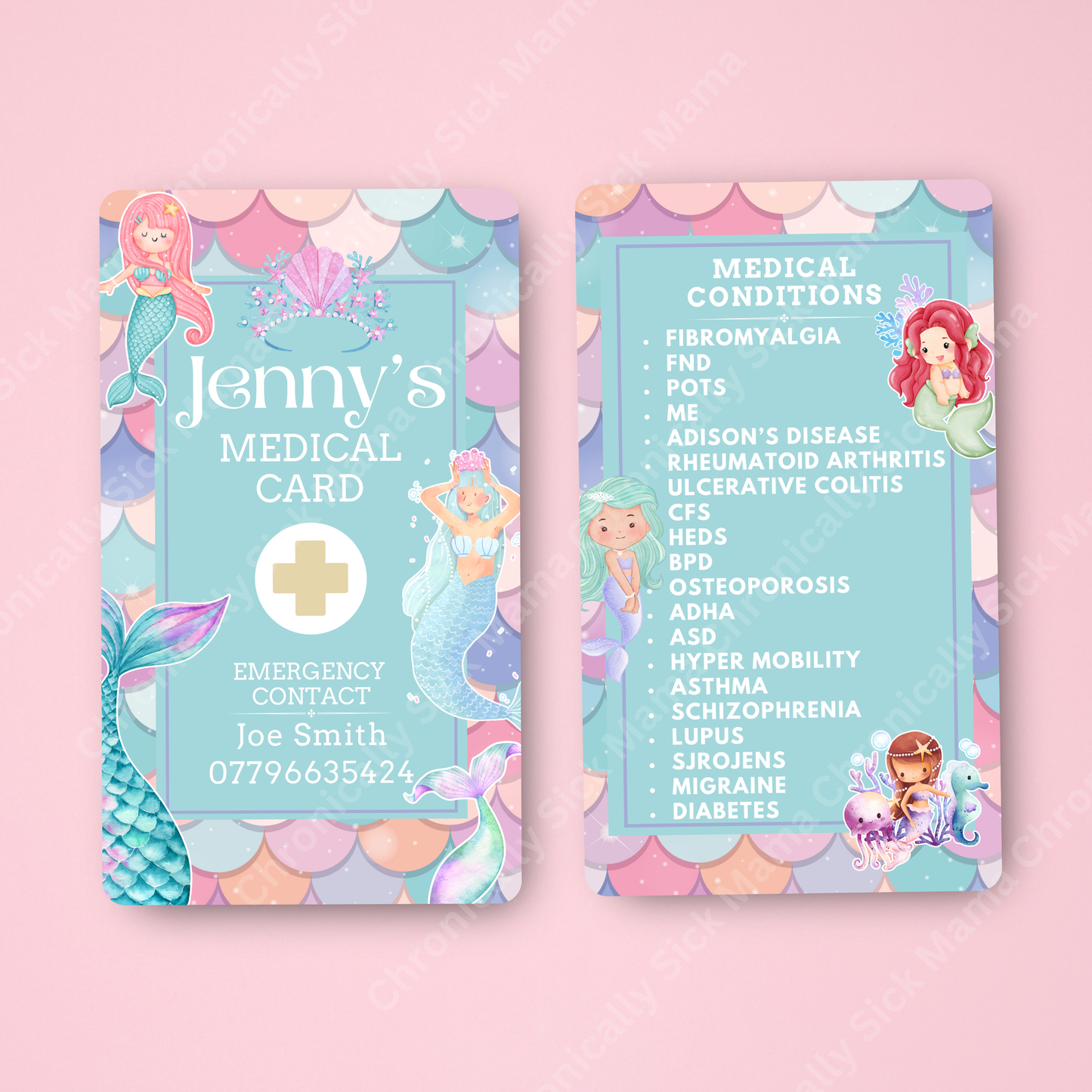 CUSTOMIZED Waterproof Medical Conditions Card SINGLE - Little Mermaid BABY SPOONIE