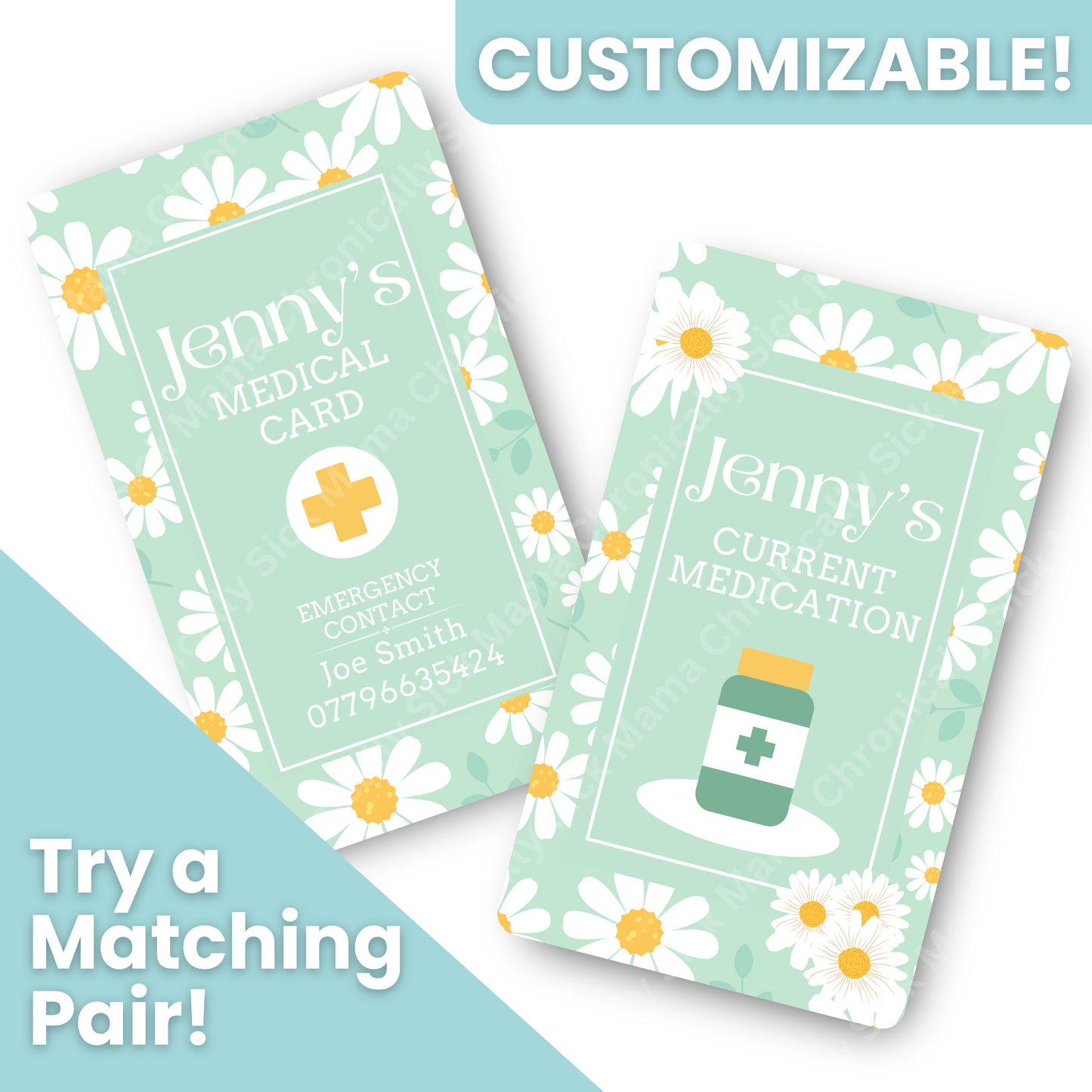 Mint Daisy Floral | Medical And Medication Cards | List Your Medical Conditions And Medication And Never Forget Them