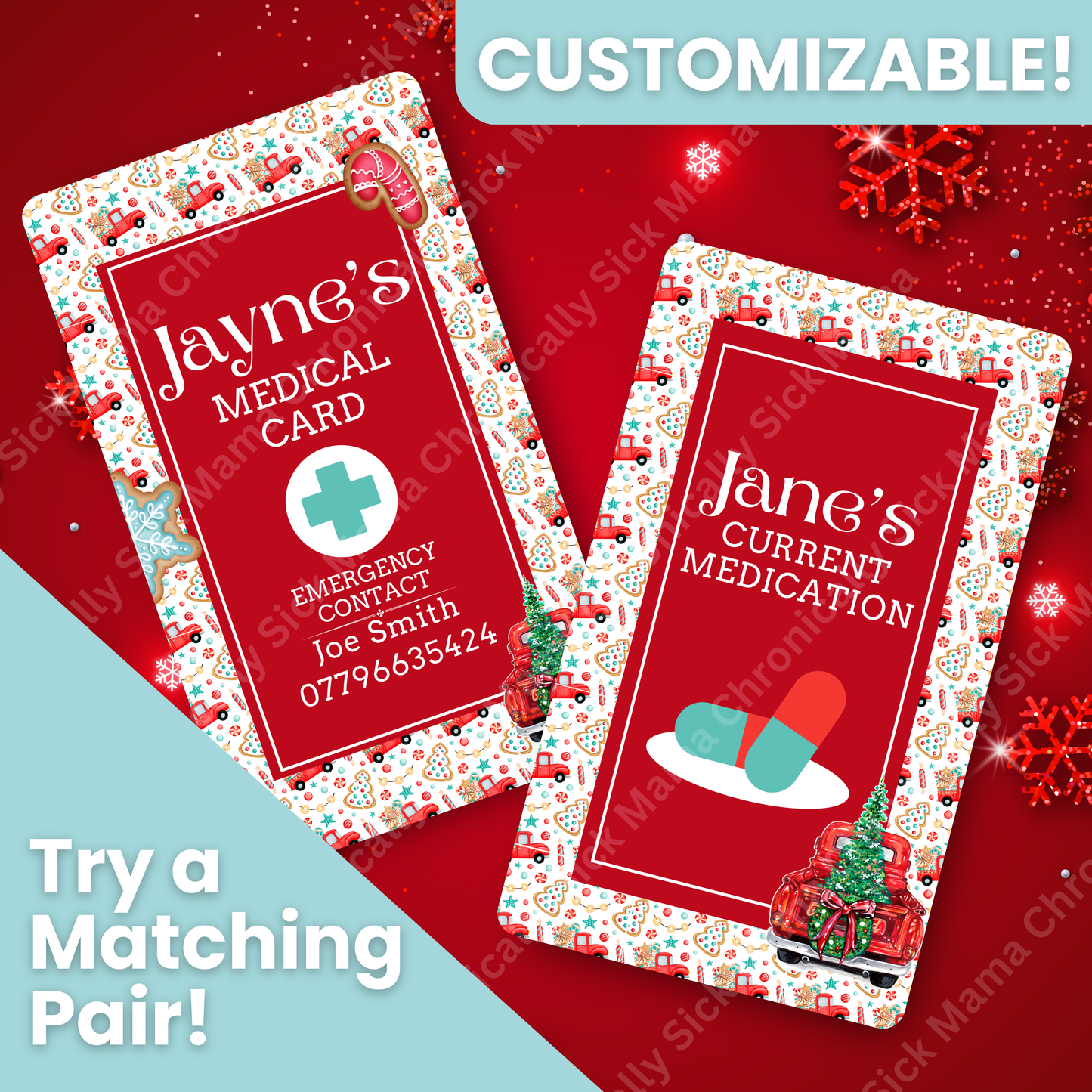 CUSTOMIZED Waterproof Medical Conditions Card SINGLE - Lil Red Truck Haulin' a Christmas Tree