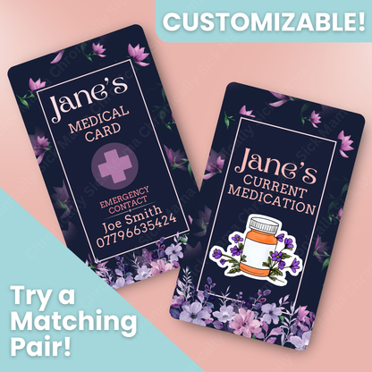 CUSTOMIZED Waterproof Medical Cards PAIR - Purple Floral