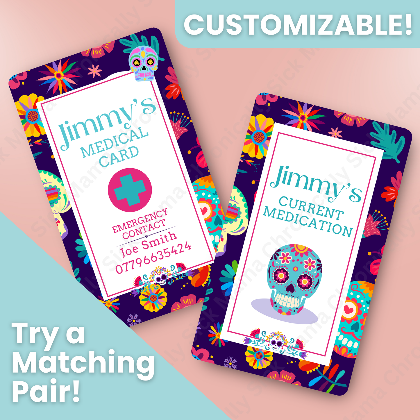 CUSTOMIZED Waterproof Medical Conditions Card SINGLE - Day Of The Dead Candy Skull