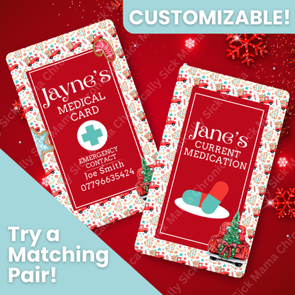 CUSTOMIZED Waterproof Medical Cards PAIR - Lil Red Truck Haulin' a Christmas Tree