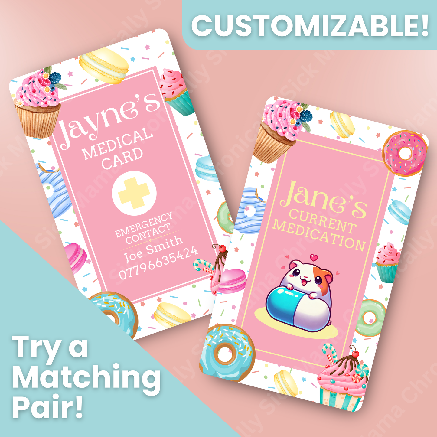 CUSTOMIZED Waterproof Medical Conditions Card SINGLE - Sweet Treats