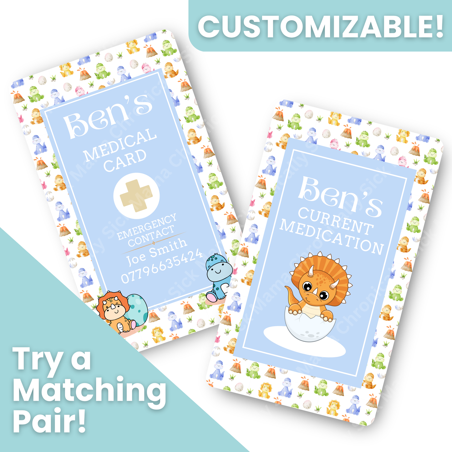 Kids Dinosaur Design | Medical And Medication Cards | List Your Medical Conditions And Medication And Never Forget Them