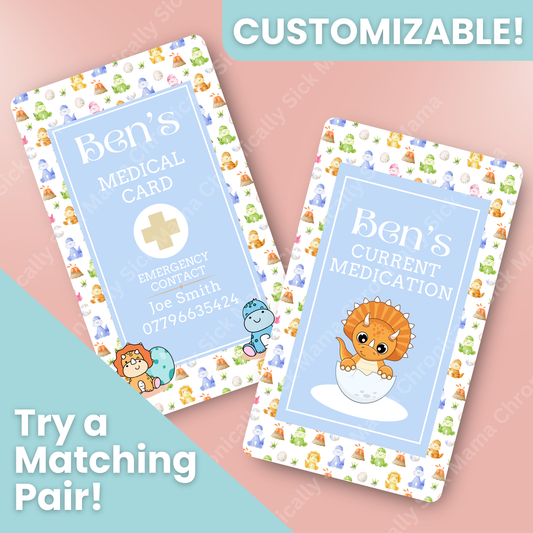 CUSTOMIZED Waterproof Medical Cards PAIR - Dino BABY SPOONIE