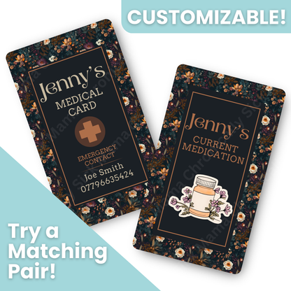 Autumnal Fall Orange And Black Floral | Medical And Medication Cards | List Your Medical Conditions And Medication And Never Forget Them