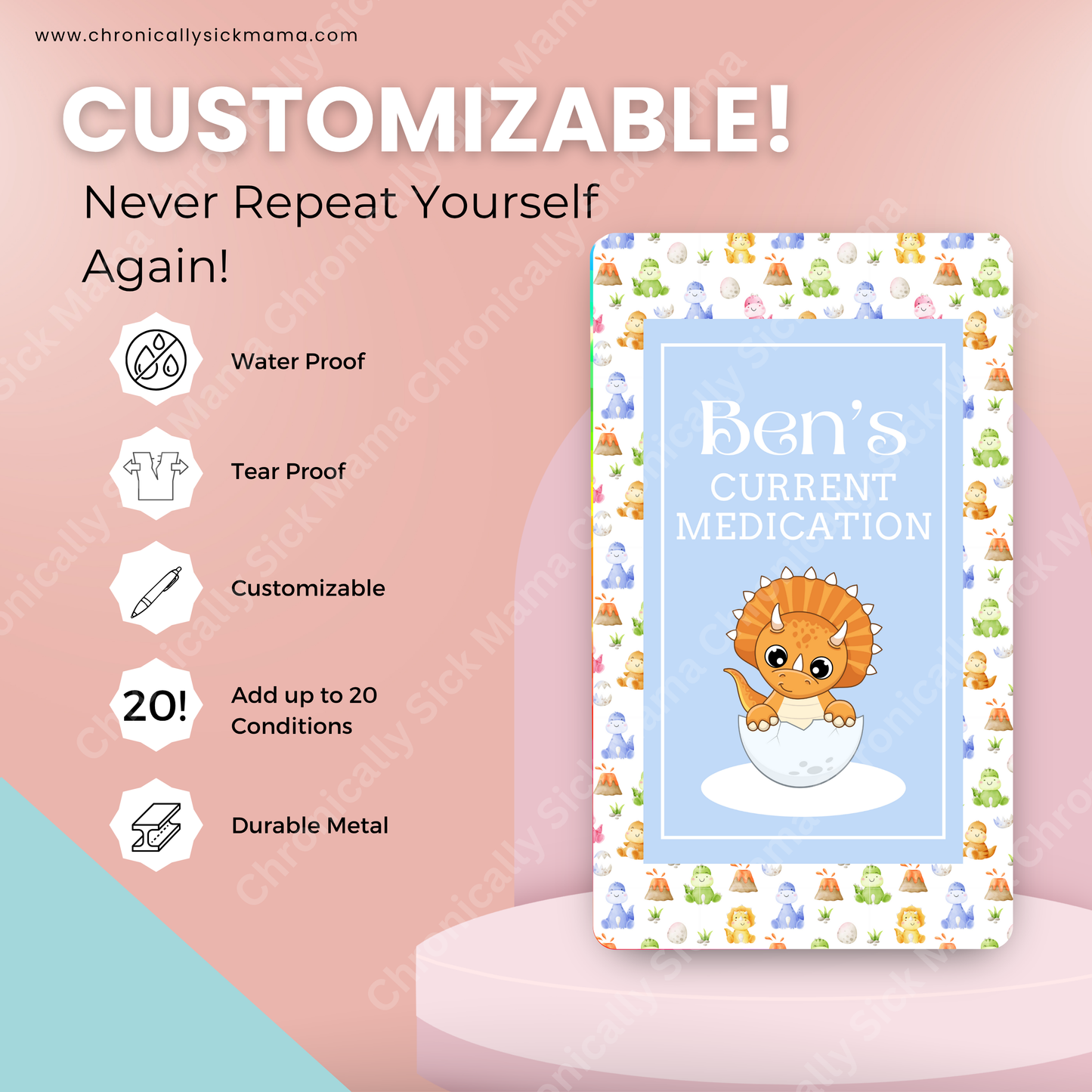 Kids Dinosaur Design | Medical And Medication Cards | List Your Medical Conditions And Medication And Never Forget Them