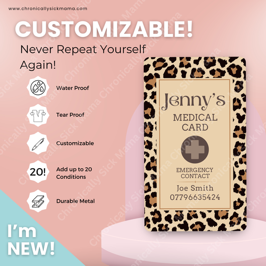 CUSTOMIZED Waterproof Medical Conditions Card SINGLE - Leopard Print