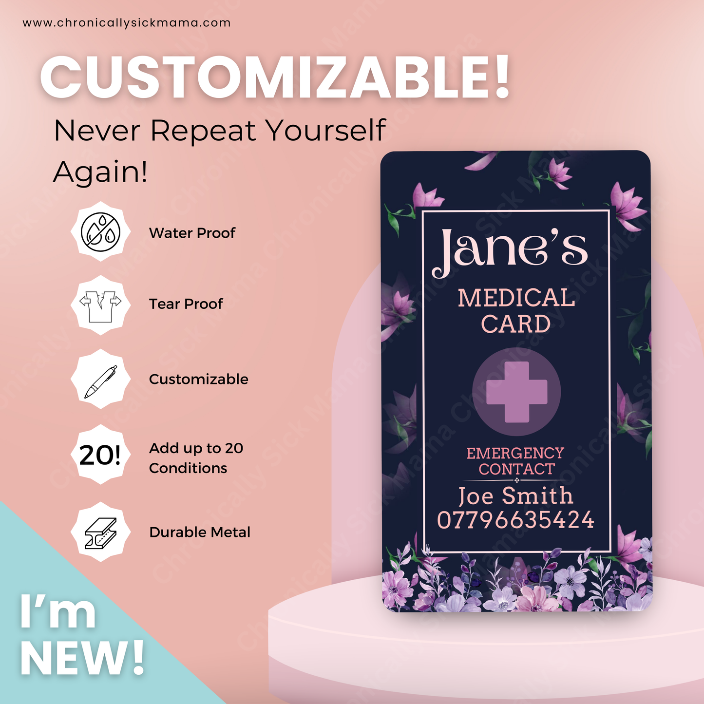 CUSTOMIZED Waterproof Medical Cards PAIR - Purple Floral