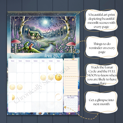 2025 Lunar Calendar for Chronic Illness Management | Fibromyalgia & Full Moon Planner with Beautiful Art Prints, A3 Size, and Free Spoon Theory Stickers