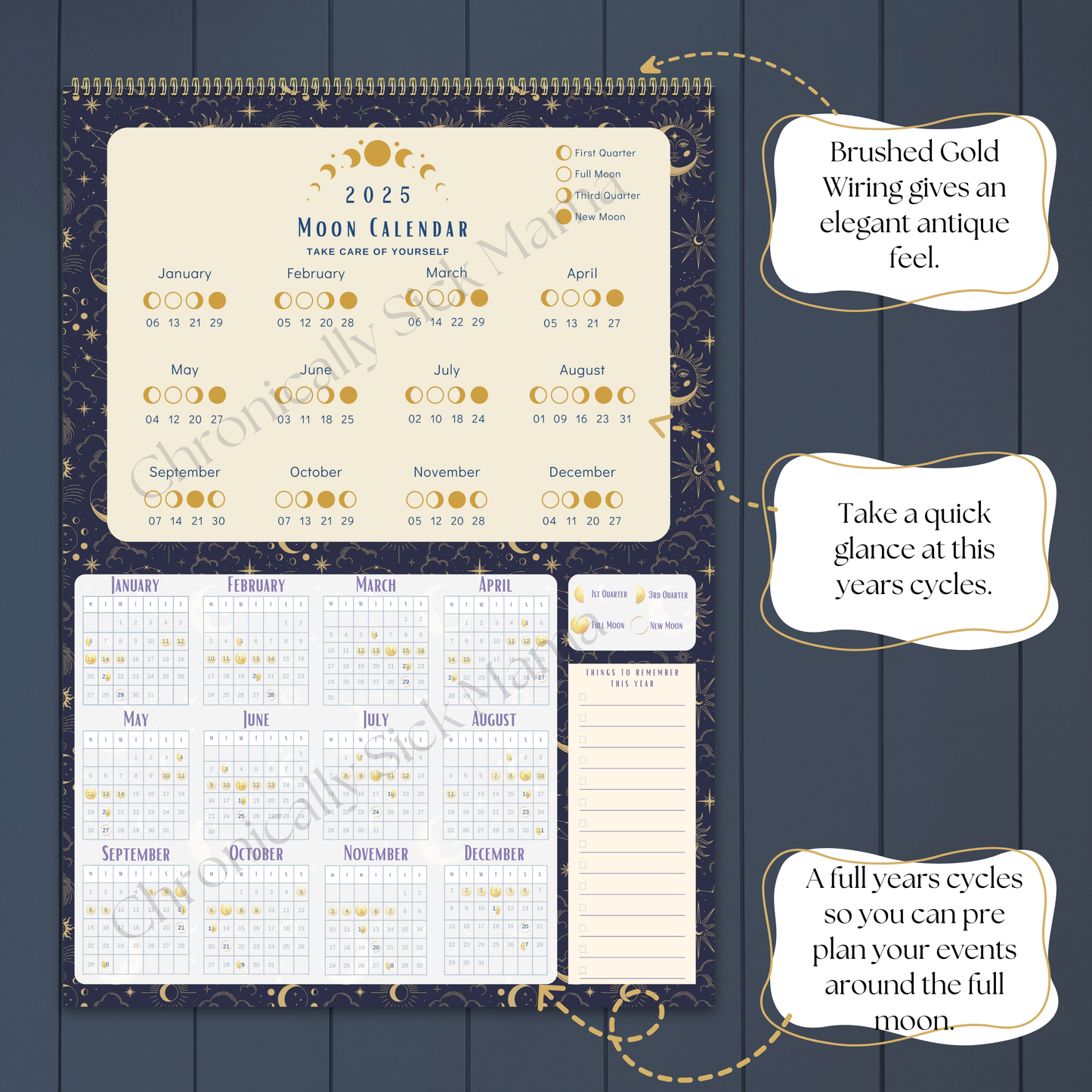 2025 Lunar Calendar for Chronic Illness Management | Fibromyalgia & Full Moon Planner with Beautiful Art Prints, A3 Size, and Free Spoon Theory Stickers