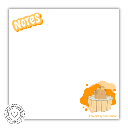Notepad with a cartoon capybara in a hot tub and 'Notes' text on a white background.