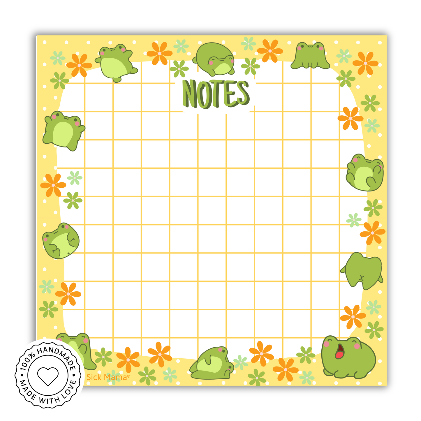 Notebook page with grid and cartoon frogs on a yellow background