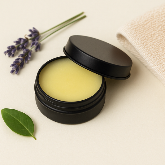Black container with a yellowish-green substance, surrounded by lavender flowers and a green leaf on a light background.