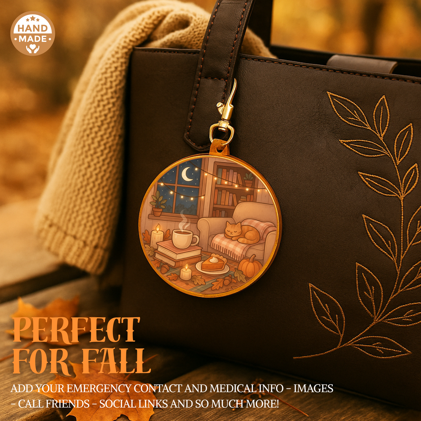 Cosy Cat Book Nook Autumnal Fall Scannable NFC Keychain