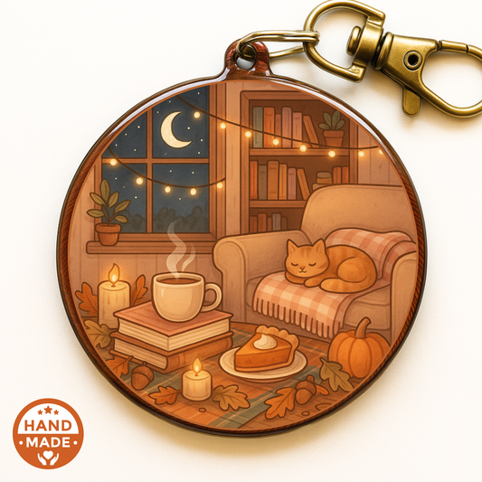 Cosy Cat Book Nook Autumnal Fall Scannable NFC Keychain