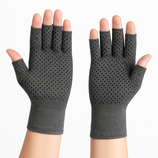 Pair of gray compression gloves on a white background