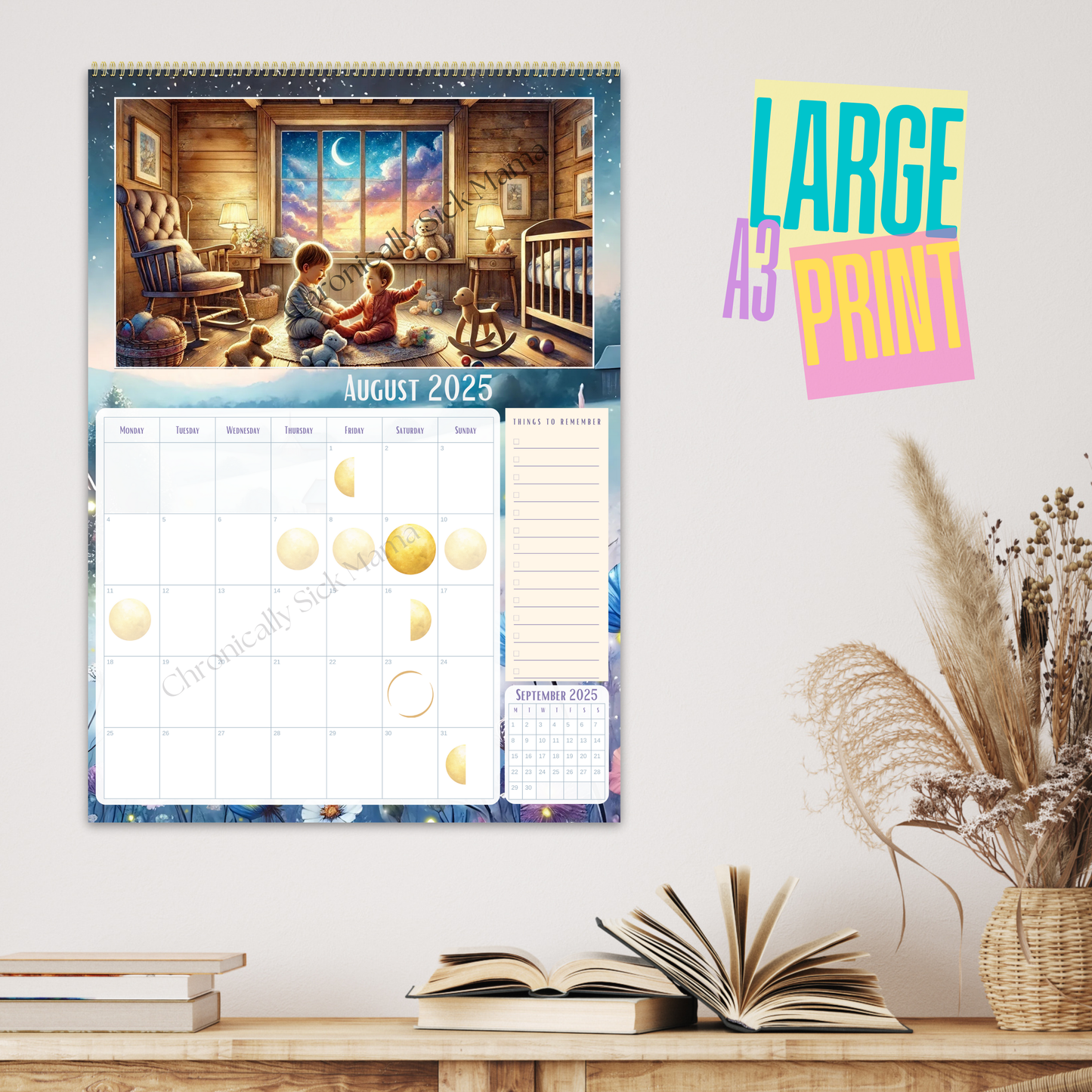 2025 Lunar Calendar for Chronic Illness Management | Fibromyalgia & Full Moon Planner with Beautiful Art Prints, A3 Size, and Free Spoon Theory Stickers