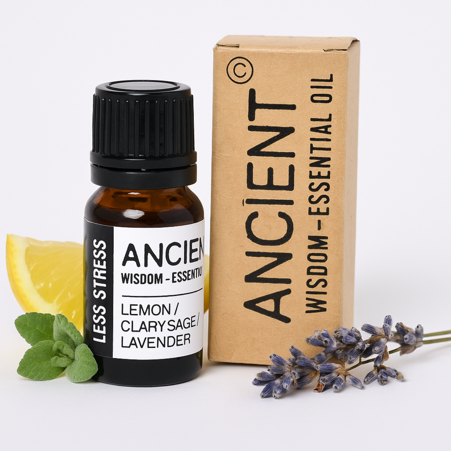 Ancient Wisdom essential oil bottle and packaging with lemon, lavender, and sage on a white background
