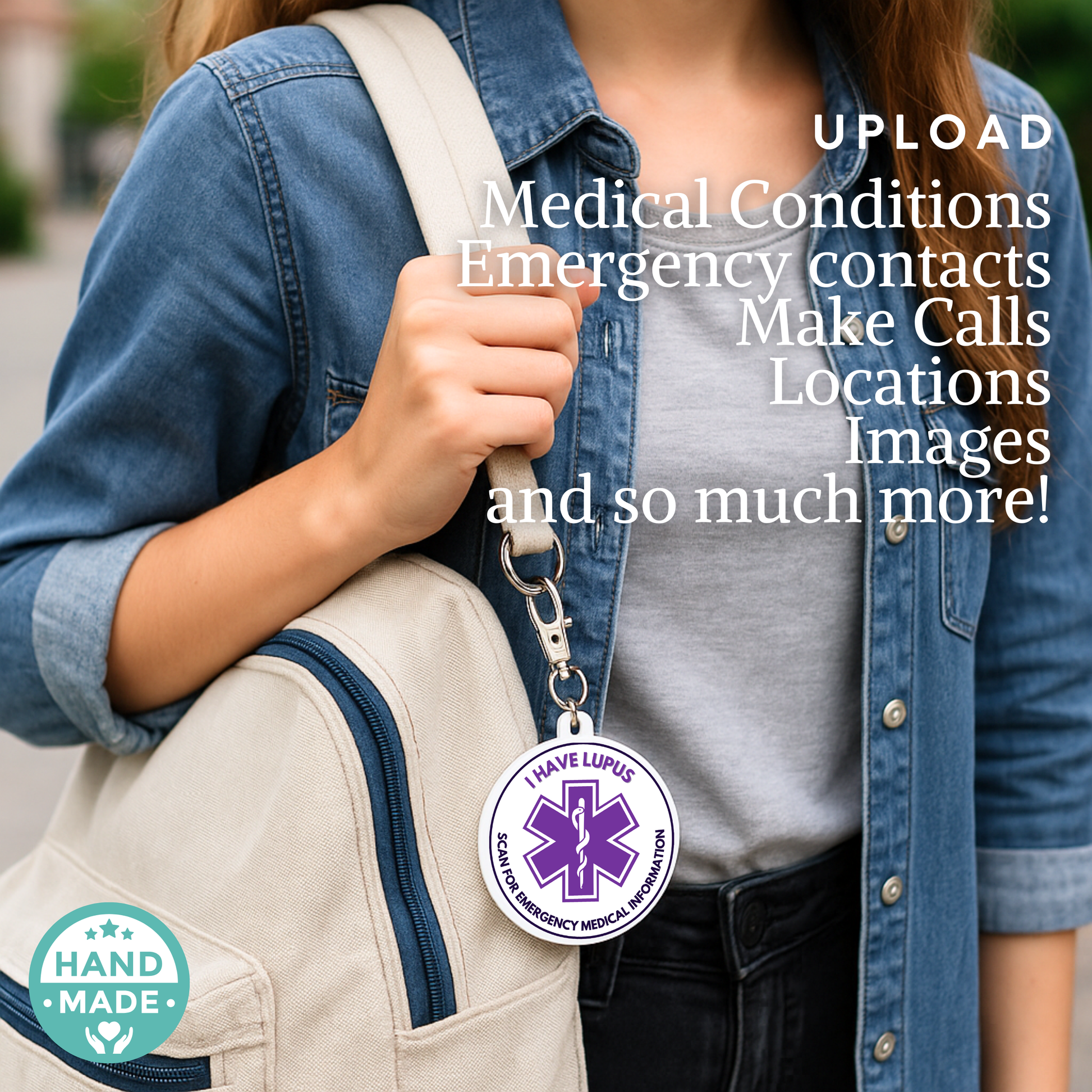 Person wearing a Lupus awareness keychain with text about medical information management.