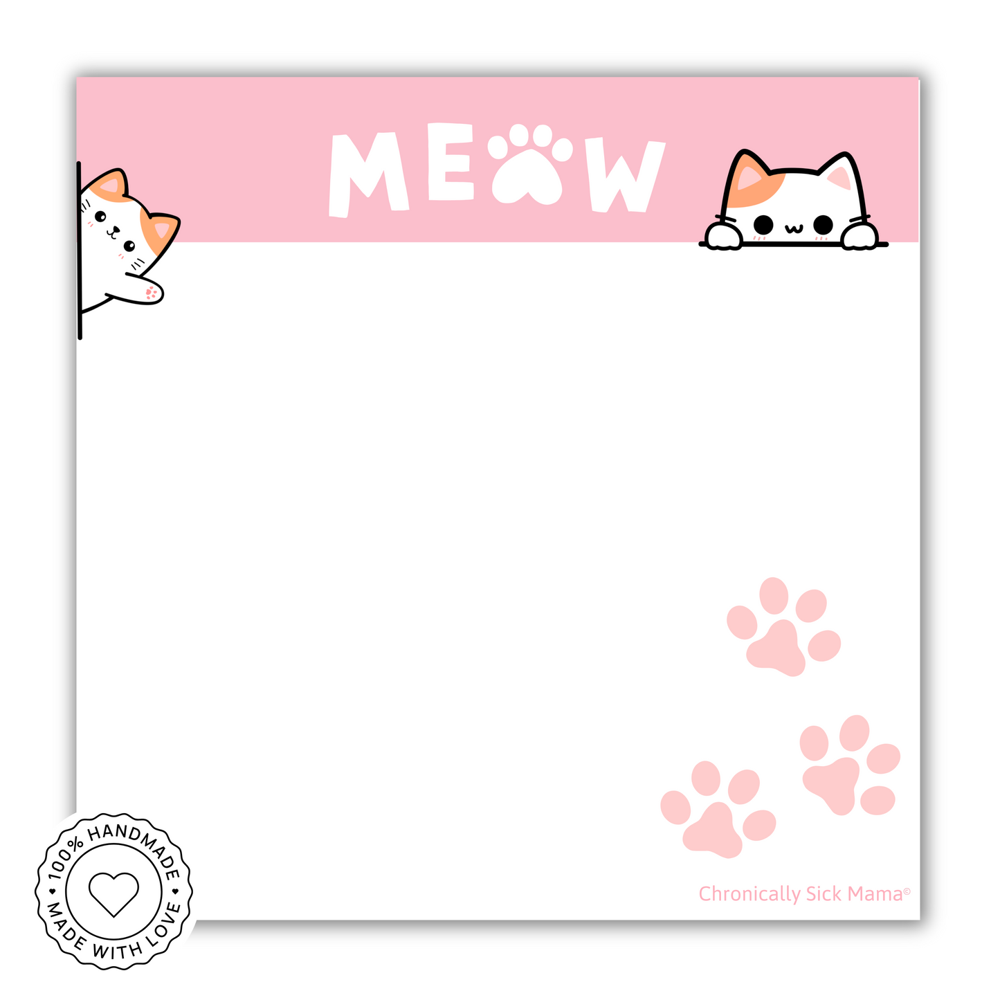 Notepad with cat-themed design, 'MEOW' text, and paw prints on a pink background.
