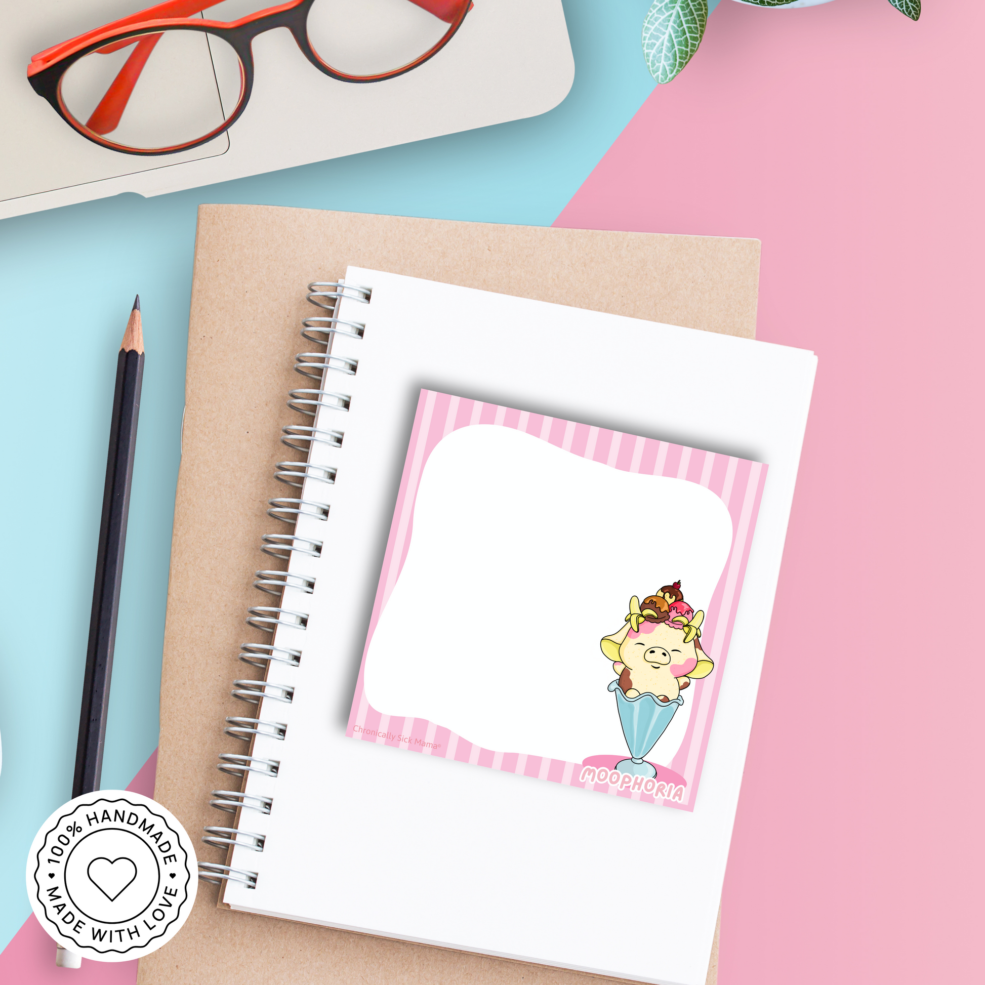 Pink Stripes | Ice Cream Sundae Cow - Cute Kawaii Cow Mini Memo Notepad