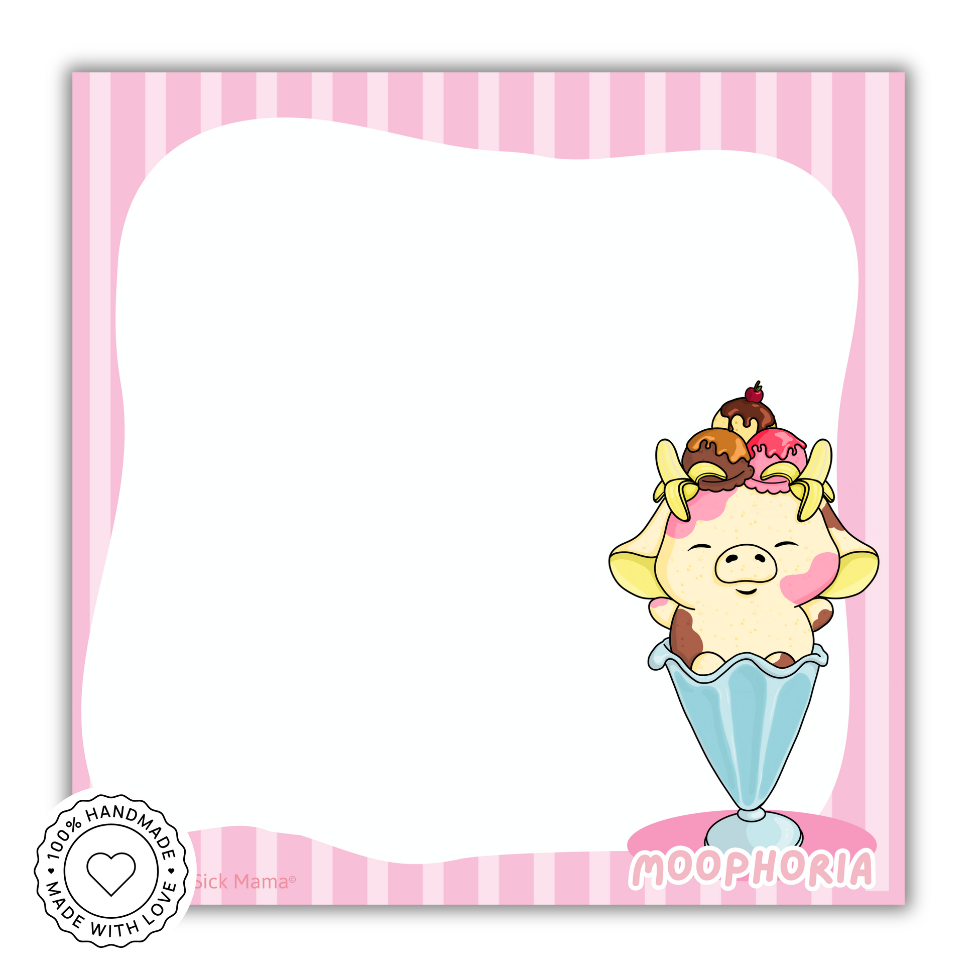 Cartoon cow with ice cream in a cone on a pink and white striped background, featuring the brand 'Moophoria'.