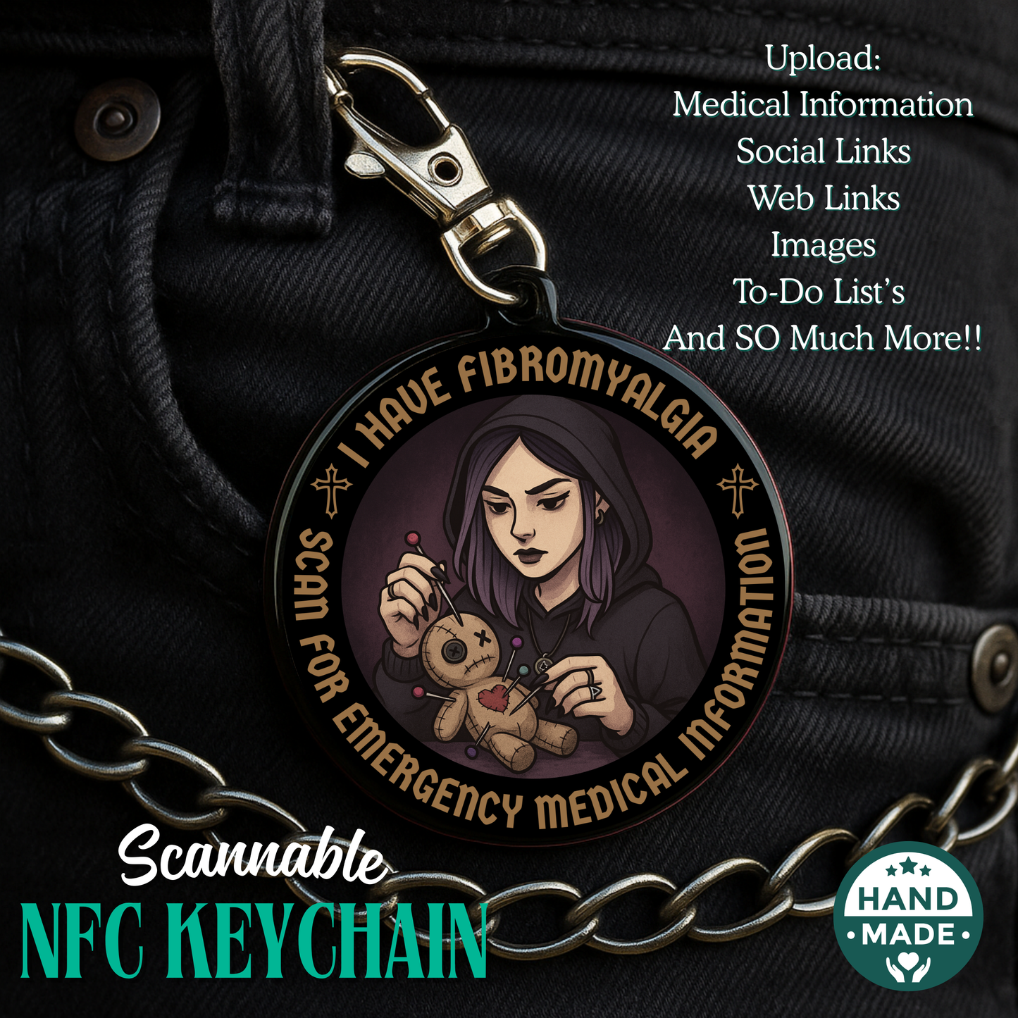 I Have Fibromyalgia |  Dark Voodoo Fibro Emergency Alert Tag | Emergency Alert Scannable NFC Keychain