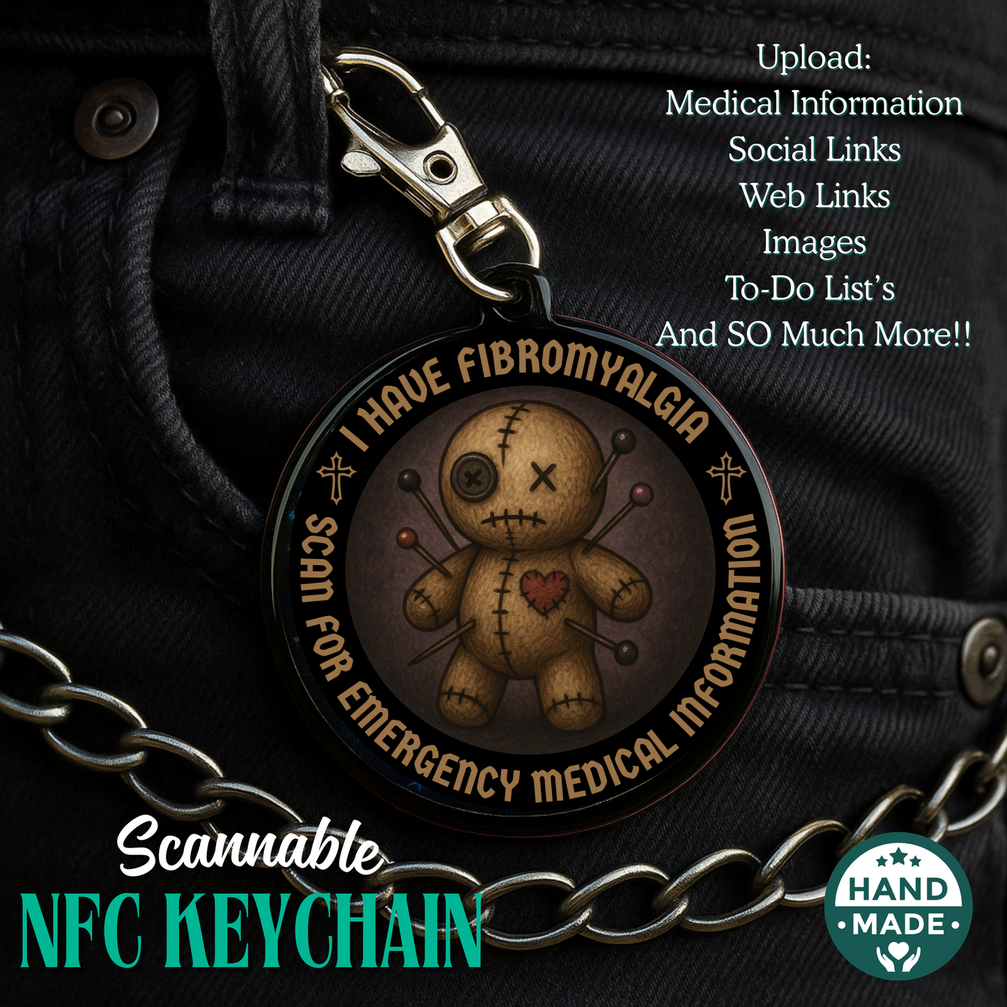 I Have Fibromyalgia |  Dark Fibro Emergency Alert Tag | Emergency Alert Scannable NFC Keychain