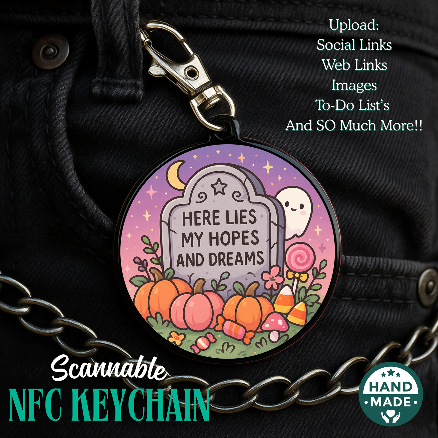 Here Lies My Hopes And Dreams | Funny Halloween | Halloween Scannable NFC Keychain