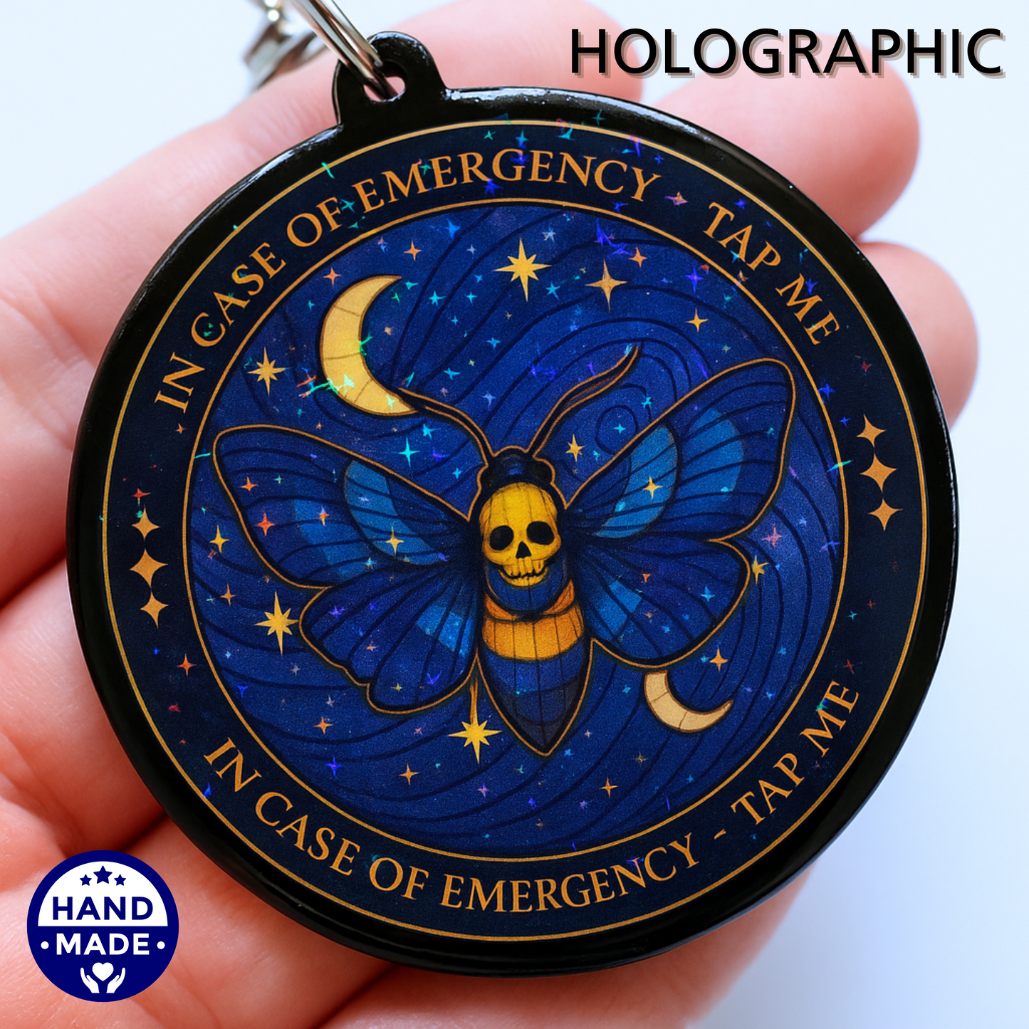 Blue Celestial Moth |  Witchy Emergency Alert Scannable NFC Keychain
