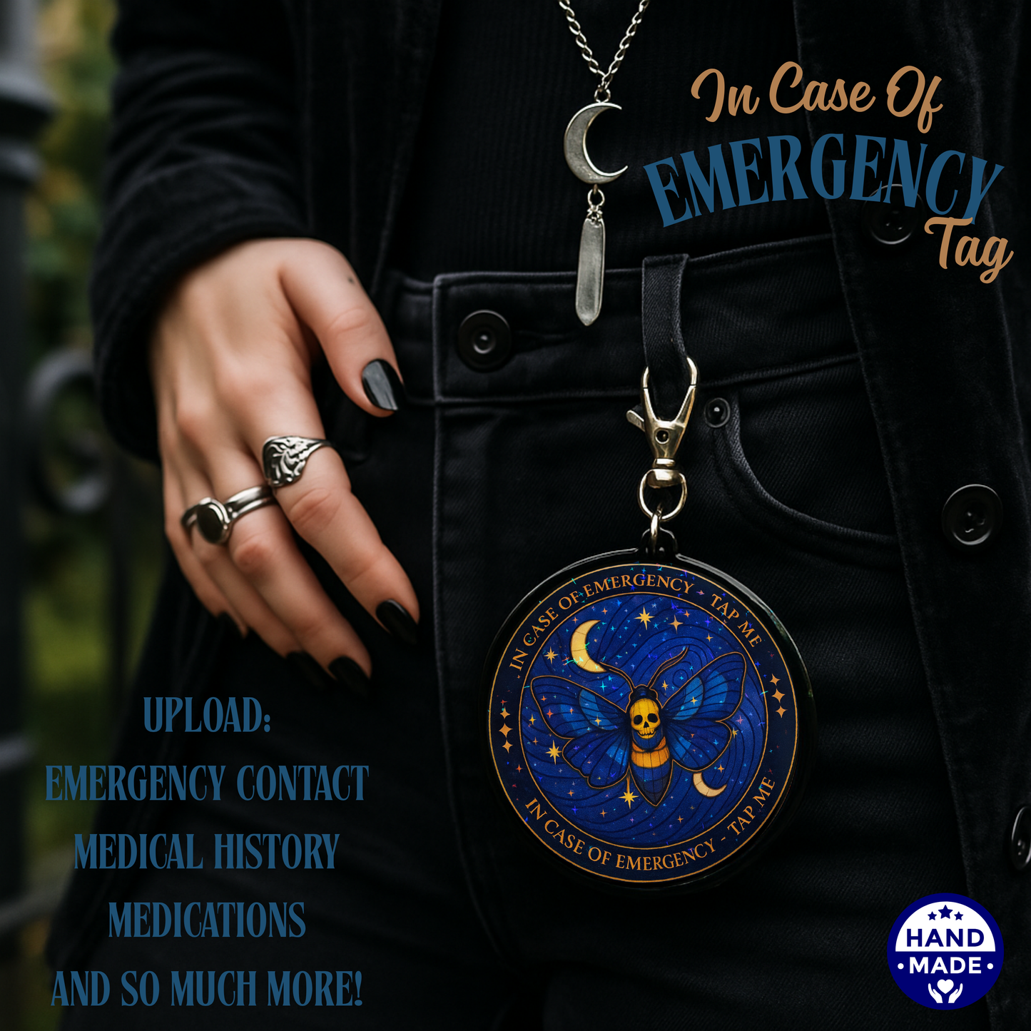 Blue Celestial Moth |  Witchy Emergency Alert Scannable NFC Keychain