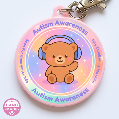 Autism Awareness Bear | In Case Of Emergency | Emergency Contact For Kids | Lost | Scannable NFC Keychain