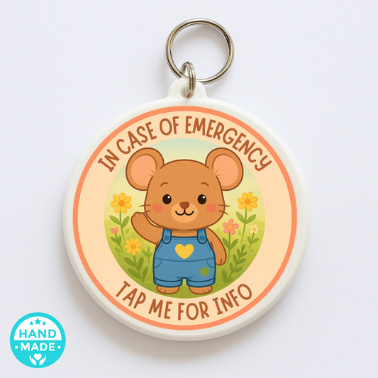 In Case Of Emergency Mouse - Tan | In Case Of Emergency | Emergency Contact For Kids | Lost | Scannable NFC Keychain