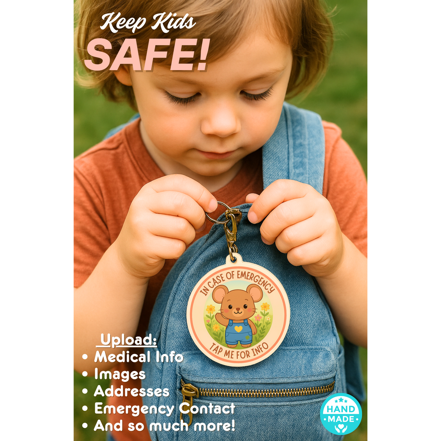 In Case Of Emergency Mouse - Tan | In Case Of Emergency | Emergency Contact For Kids | Lost | Scannable NFC Keychain
