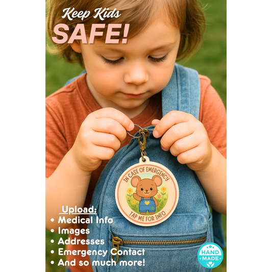 In Case Of Emergency Mouse - Tan | In Case Of Emergency | Emergency Contact For Kids | Lost | Scannable NFC Keychain