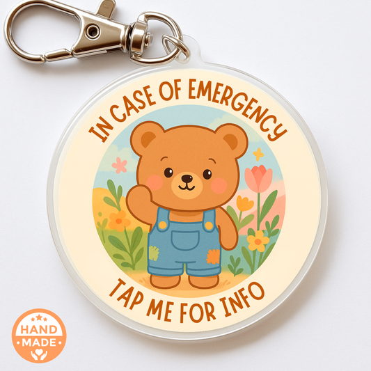 In Case Of Emergency Bear - Tan | In Case Of Emergency | Emergency Contact For Kids | Lost | Scannable NFC Keychain