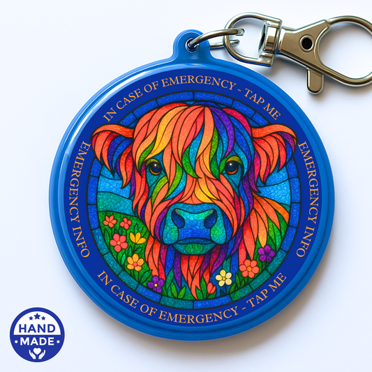 Highland Cow Stained Glass |  Emergency Alert Scannable NFC Keychain