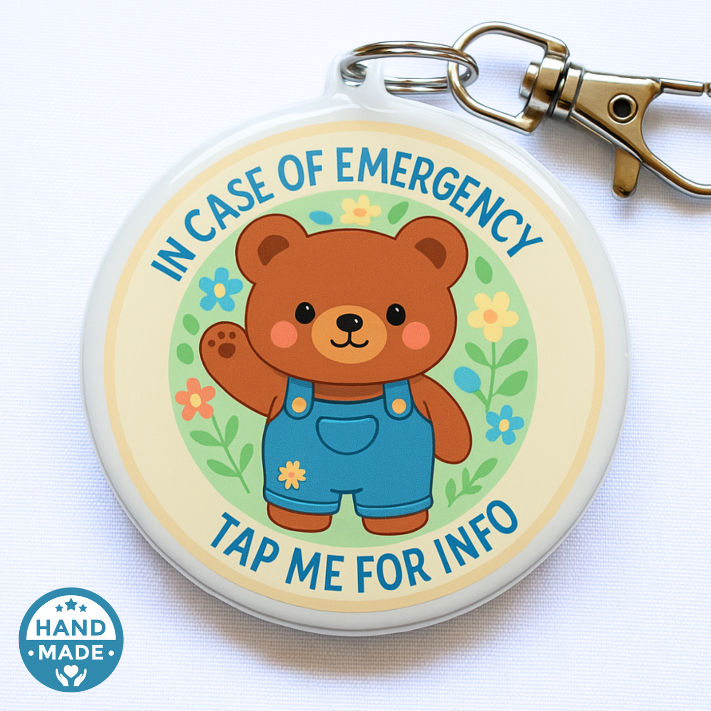 In Case Of Emergency bear - White | In Case Of Emergency | Emergency Contact For Kids | Lost | Scannable NFC Keychain