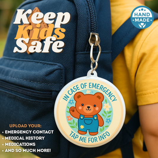 In Case Of Emergency bear - White | In Case Of Emergency | Emergency Contact For Kids | Lost | Scannable NFC Keychain