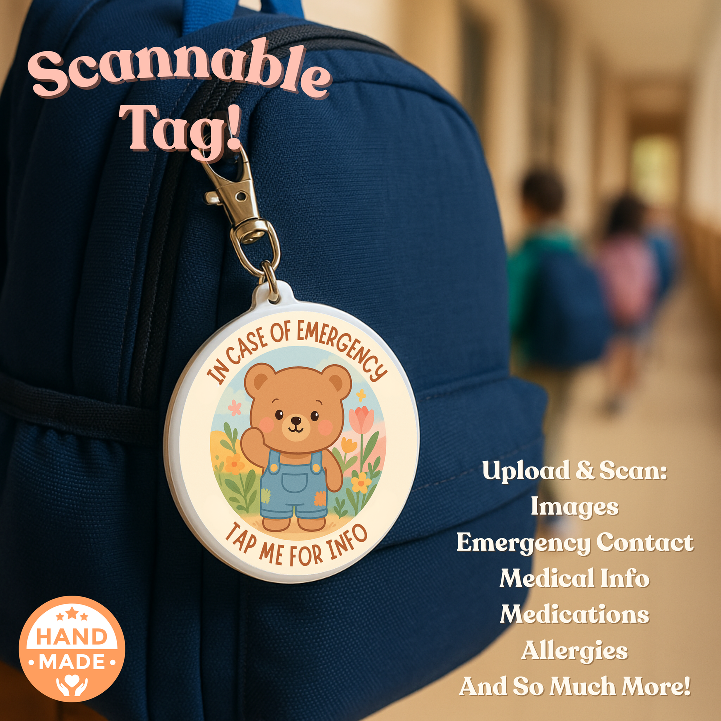 In Case Of Emergency Bear - Tan | In Case Of Emergency | Emergency Contact For Kids | Lost | Scannable NFC Keychain