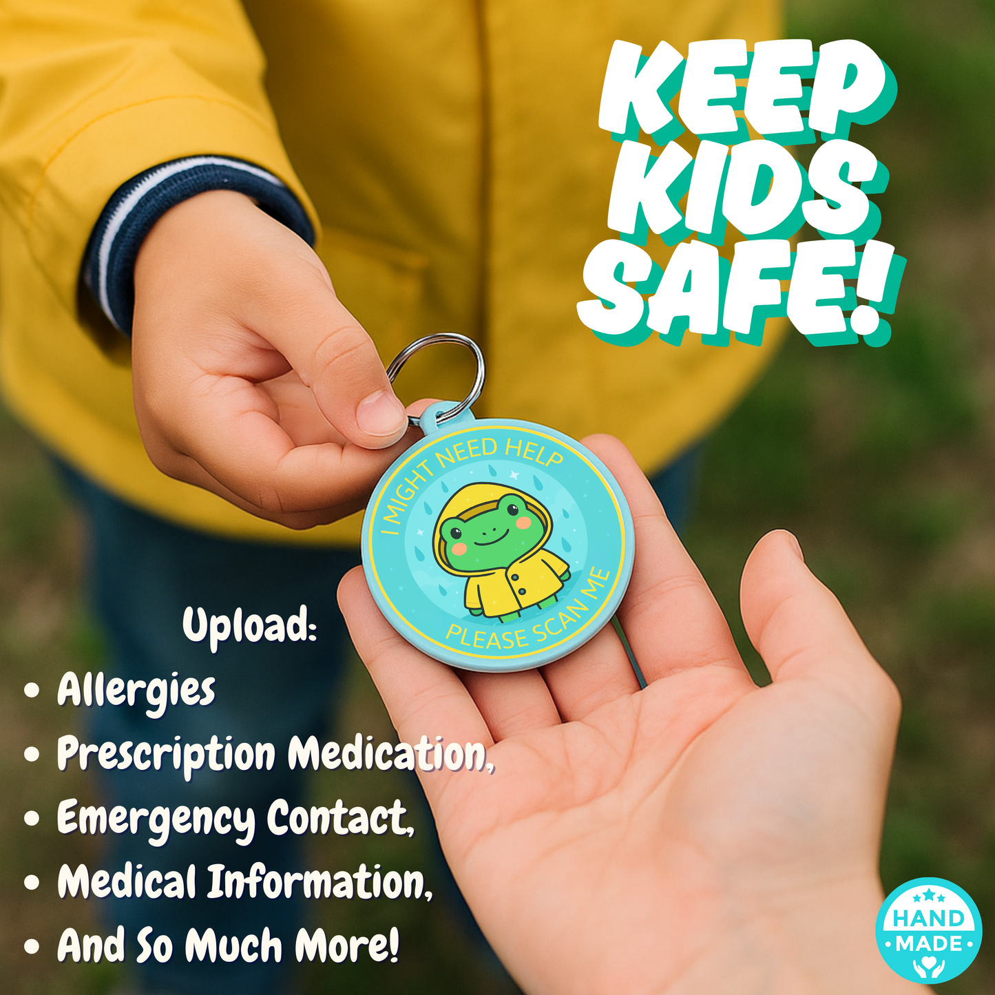 Froggy Rain Coat | In Case Of Emergency | Emergency Contact For Kids | Lost | Scannable NFC Keychain