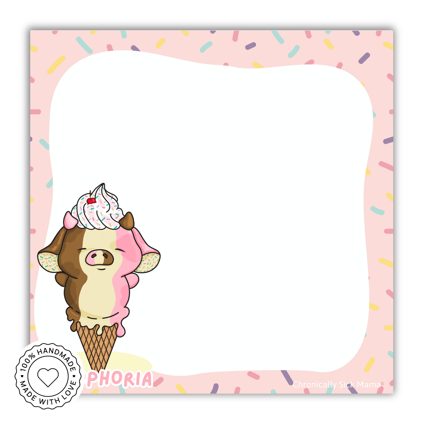 Cartoon cow with ice cream cone on a pink background with sprinkles, branded 'MOOPHORIA'.
