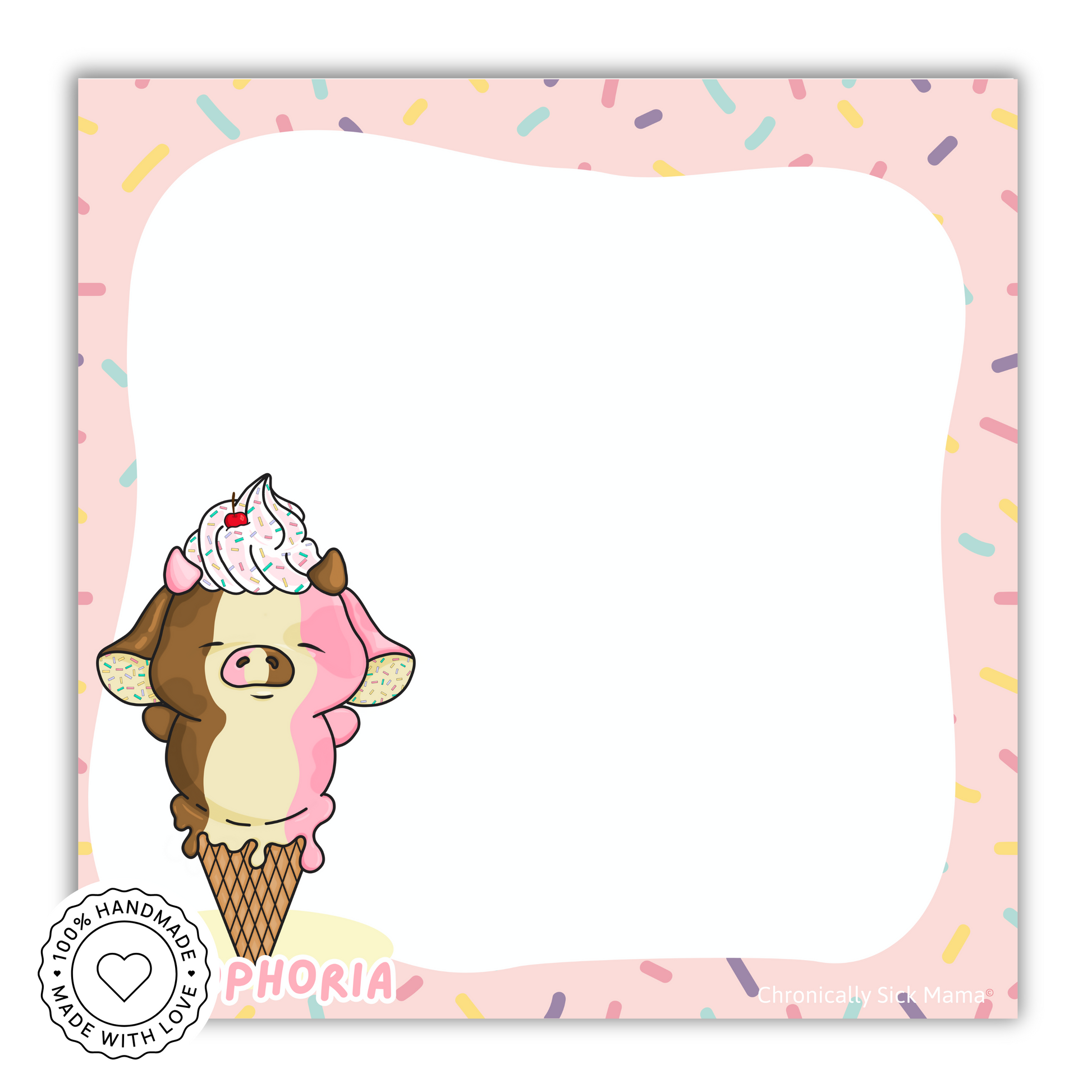 Cartoon cow with ice cream cone on a pink background with sprinkles, branded 'MOOPHORIA'.